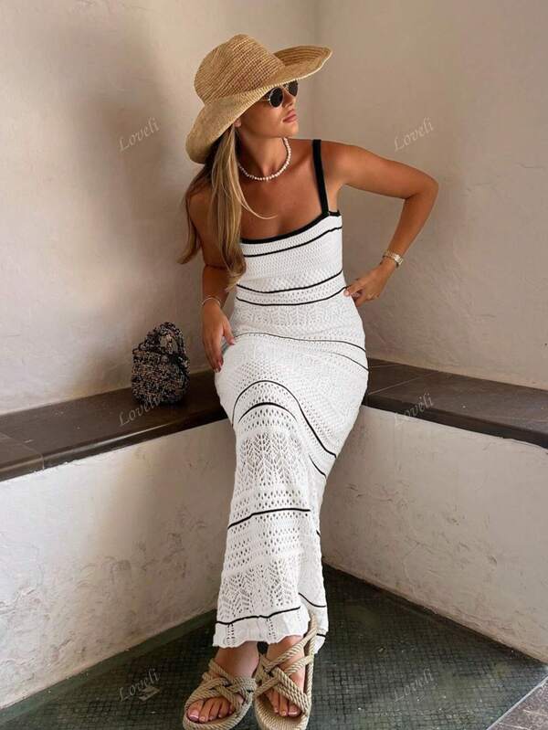 Women's Elegant Gentle Simple Black And White Contrast Striped Suspenders Slim Long Knitted Dress Sleeveless Casual Beach Hollow Out Bodycon Midi Crochet Swimwear Coverups Sundresses, Spring Summer Fall