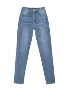 Jeans à taille haute élastique de grande taille, coupe droite, pantalon casual ample, denim stretch ajusté