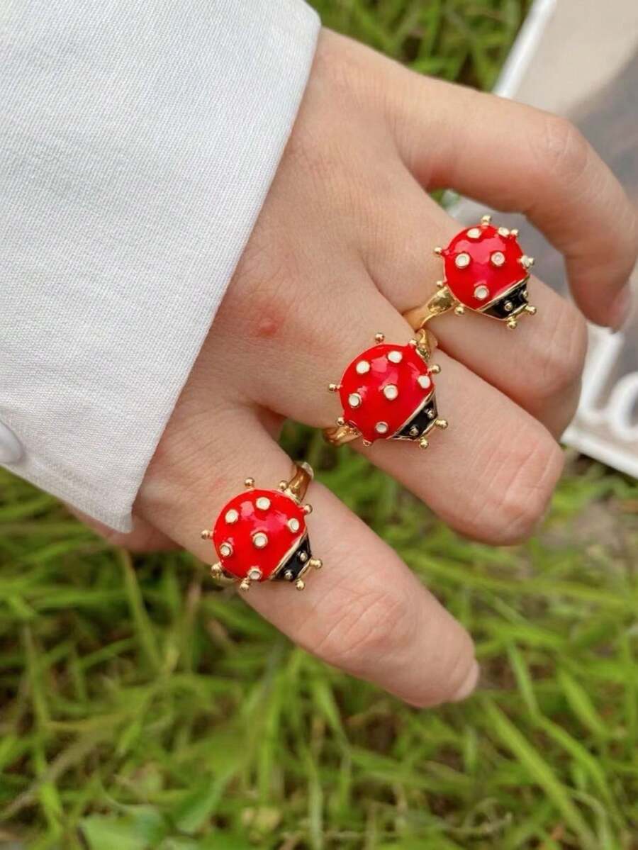 1pc Fashionable New Insect Series Ladybug Drip Oil Exquisite Open Ring, Niche Design High-End Jewelry For Women - Style 1 - View 1
