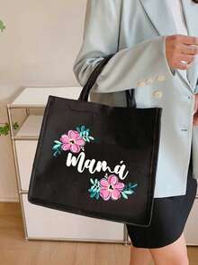 "Mama" Letter Linen Tote Bag And Plus A Small Bag,Letter Pattern,Portable Beauty Bag,Mothers,Leisure Storage Bag,The Best Gift, Birthday Gift, Portable Casual Storage Handbag, Multifunctional Shopping Bag, Brand New Design, Large Capacity, Ideal Shopping Choice,Is A Good Gift For Women,Suitable For Daily Use,Birthdays, Holidays, Vacation, Beach, Travel,Picnics, Camping, Supermarket, Daily Storage. - Black - View 5