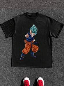 Men's Casual Round Neck Short Sleeve Undershirt Tops 100% Cotton 220g Heavyweight 1Pcs Anime Super Saiyan Blue Combat Stance Digital Print T-Shirt - Black - View 1