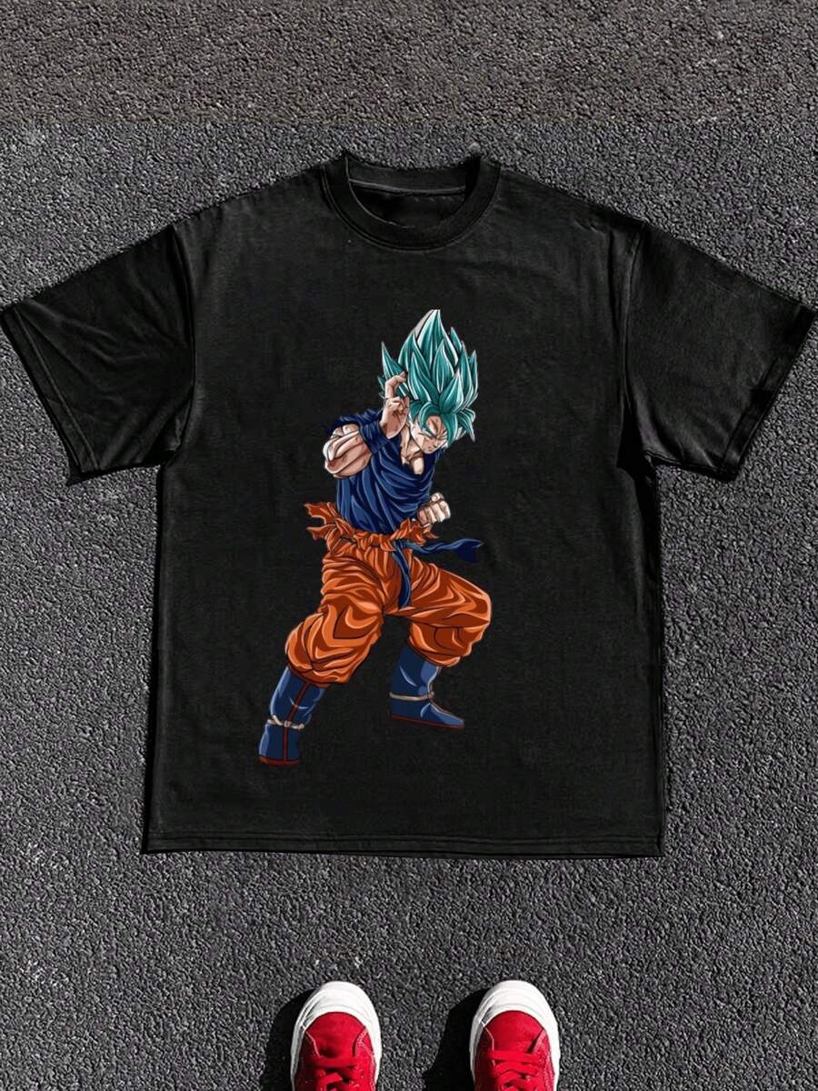 Men's Casual Round Neck Short Sleeve Undershirt Tops 100% Cotton 220g Heavyweight 1Pcs Anime Super Saiyan Blue Combat Stance Digital Print T-Shirt - Black - View 1