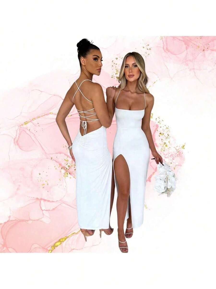 Elegant LONG Dress With Braided Backless Side Slit Butt Lift Tight New - White - View 1