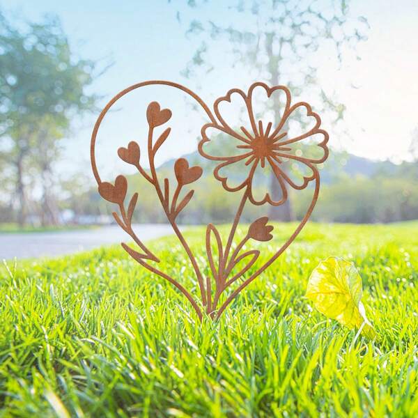 1pc Rusty Heart Shaped Flower Garden Stake, Minimalist Hollow Flower Design, Outdoor Garden, Flower Bed Decor, Gift For Friends