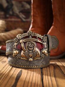 1pc Men's Bohemian Western Cowboy Style Poker Embossed Metal Buckle Vintage Multi-Color Rivet PU Belt - Skeleton - View 17