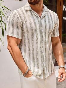 Men's Cuban Collar Lace Knitted Short Sleeve Button Shirt - Green - View 5