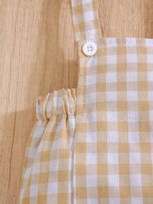 H HIBOBI 2件套男婴可爱小熊领连体衣和格子围兜裤套装，夏季 - 卡其色 - 查看 8