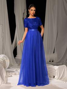 Faeriesty Elegant Formal Evening Gown With Sequin Embellished Bodice & Contrast Layered Tulle Hem | A-Line Prom Wedding Party Dress - Xanh đậm - Xem 3