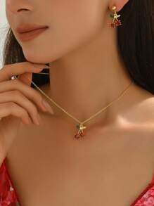 3pcs Set Summer Elegant Metallic Delicate Cherry Necklace & Earrings Jewelry Set, Suitable For Daily Wear Or Gift