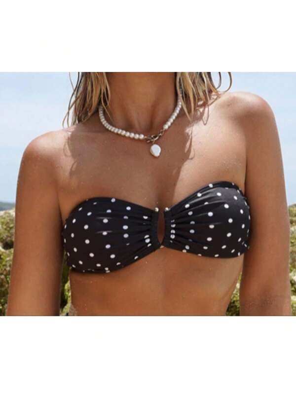 Polka Dot Sexy Knitted V-Neck Backless Halter Beach Bikini Crop Top