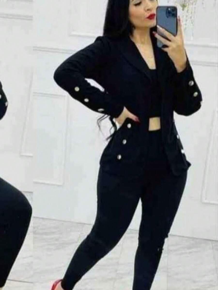 Conjunto Elegante de Tres Piezas para Mujer – Blazer, Top y Pantalón a Juego – Estilo Formal y Casual con Detalles de Perlas - Negro - Ver 1