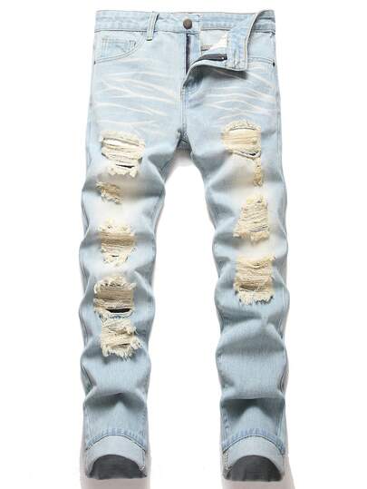 Summer Light Blue Regular Classic Basic Straight Casual Ripped Jeans, Breathable, Soft And Comfortable Mid-Waist Men's Trousers