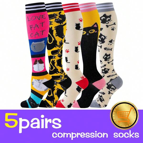 5 Pairs Cartoon Cat Print Women Calf Compression Socks, Original Design 2025 Nursing Day Gift, Elastic Long Socks