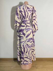 Women's All-Over Print Round Neck Lantern Sleeve Long Elegant Arabic Style Dress, Modest