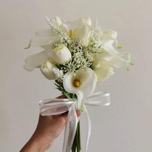 White Real Touch Tulips Calla Lily Wedding Bouquets Artificial Flowers Handmade Romantic Wedding Bouquets For Bride Bridesmaid Holding Flowers,Wedding Bouquets Bridal Shower Centerpieces Floral Arrangements Party Tables Home Decorations Summer Birthday Gifts Beach Back To School School Supplies Room Decor