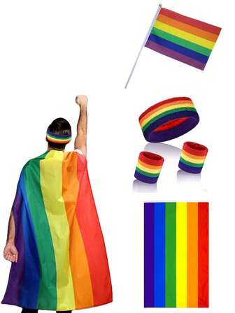 1件/3件彩虹配饰套装，包含彩虹旗斗篷、防汗腕带、旗帜，适合节日派对、运动、跑步等场合。彩虹旗采用优质涤纶制成，结实耐用（注：由于印刷问题，部分商品可能存在色差，彩虹条纹也可能存在差异，如介意请勿购买）。万圣节
