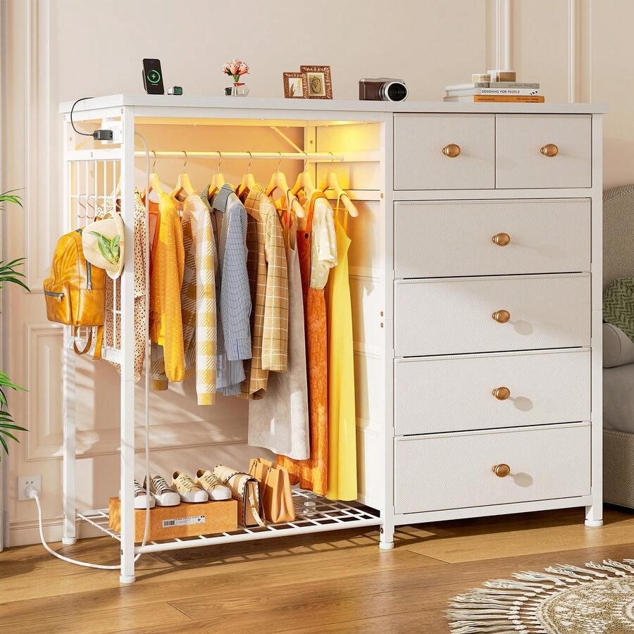 EnHomee 49.2" W Dresser For Bedroom With Hanging Rack 6 Drawers Dresser With LED Lights & Charging Station, Fabric Dressers & Chest Of Drawers With Clothes Rack, Wooden Top, Grid Panel, Closet, Milky White - View 1