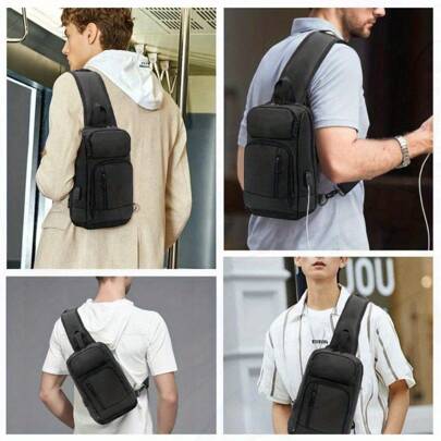 Local Delivery-Durable ABS Material, Multiple Zippered Pockets, Adjustable Strap For Casual Commuting Travel Daypack, Crossbody BagBlack Crossbody Sli