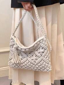 1个纯色波西米亚风编织单肩斜挎包，时尚编织小方包，适合海滩度假、街头购物，是海滩度假、旅行和假日的理想之选，吸睛的夏季沙滩包，波西米亚风女装 - 白色 - 查看 3
