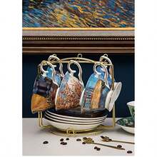 Van Gogh Bone China Set of 6 Cups and Saucers With Rack Coffee Cup and Saucer Set With Gift Box 8Ounce Art Coffee Mugs Set - Blanco - Ver 5