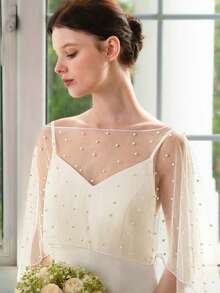 1 pieza Elegante chal nupcial de perlas falsas con cuentas, accesorio para vestido de novia, ropa de abrigo de otoño para mujeres, festival, fiesta - A - Ver 13