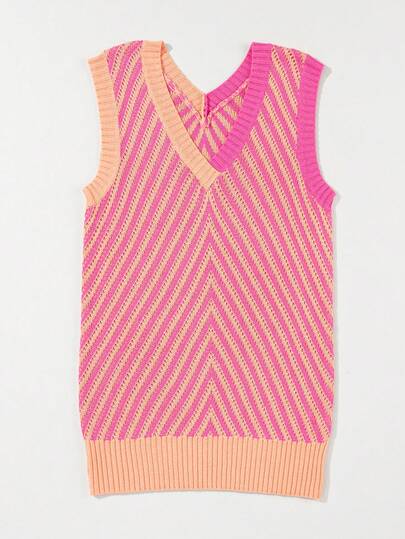 Acelitt Women's Sleeveless V-Neck Pink Striped Wool Knit Casual Vest, Fashionable And Stylish For Summer Vacation