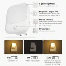 1/2 pièces Prise de veilleuse avec capteur de mouvement, pack de 2 veilleuses pour enfants avec 3 modes (auto/éteint/allumé), 5 niveaux de luminosité variable pour la chambre d'enfants, la chambre à coucher, les escaliers