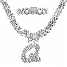 Cuban Link Chain For Women Cursive Silver Initial 14MM Diamond Prong Cuban Chain Hip Hop Iced Out Chain Necklace Butterfly Initial Letter Name Necklaces For Women - Dây chuyền chữ bướm - Xem 14