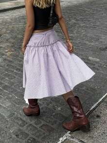 Women's Summer Y2k Plaid Midi Skirt Low Waist Tie Up Ruffle Trim Swing A Line Skirt Teen Girls Vintage Gingham Going Out Casual Skirt Streetwear Aesthetic Clothes - 紫色 - 查看 7