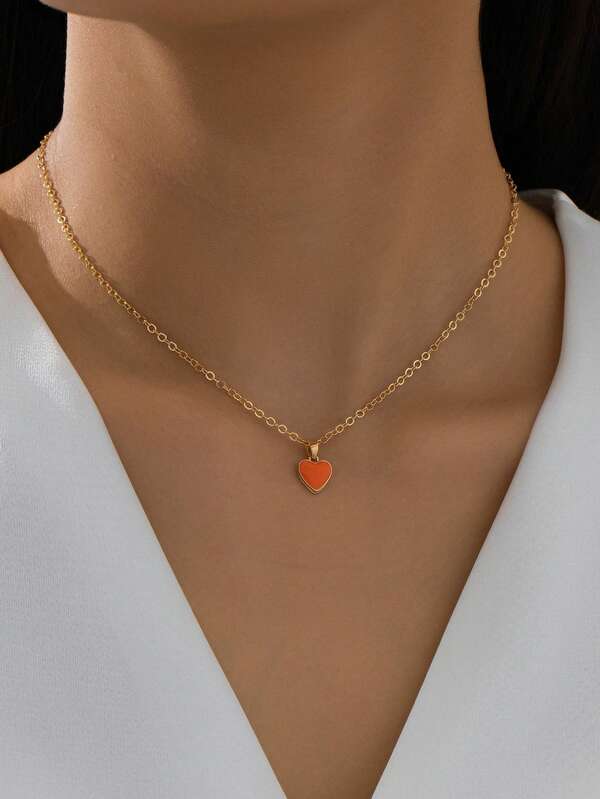 1pc Delicate Oil Drop Heart Pendant Orange Necklace, Mother's Day Gift For Women