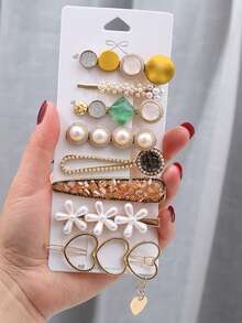 8pcs/16pcs Set Cute Alloy Faux Pearl Triple Heart Hair Clips, Versatile Everyday Wear For Women - Multicolor - View 11