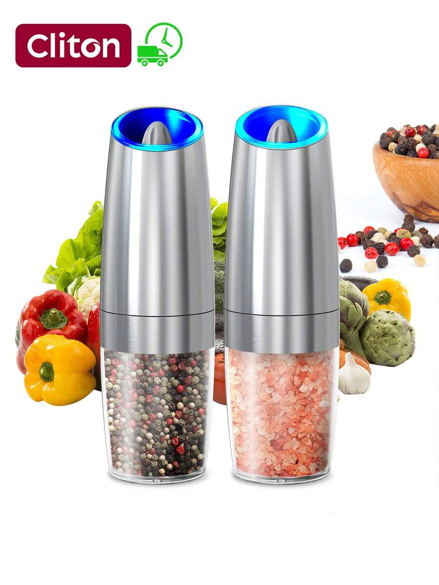 CLITON Graviry Electric Salt And Pepper Grinder Set Automatic Stainless Steel Salt And Pepper Grinder Set, Battery Operated, LED Light, Adjustable Coarseness, For Home Kitchen BBQ, Silver