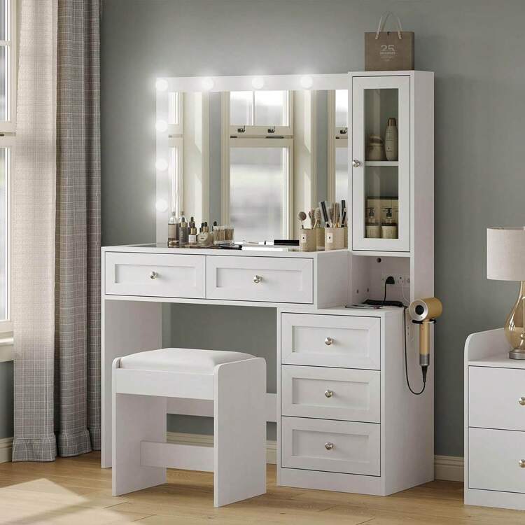 CollaredEagle White 43" W Vanity Desk With Mirror & 11 USB Power Lights, 5 Drawer Modern Makeup Desk With Glass Top & Cushioned Stool, 3 Lighting Modes Brightness Adjustable,Power Outlet,Bedroom