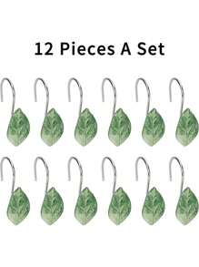 12pcs Green Leaf Decorative Shower Curtain Hooks - Rustproof Metal,Plant Theme Bathroom Accessories,For Spring,Green Room Decor Back To School