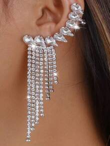 1pc Classic European And American Fashion Geometric Crystal Tassel Ear Cuff Earrings, Luxury Minimalist Design For Women - Silver - View 5