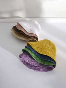 قبعة دلو من القش المنسوج قابلة للتنفس قطعة واحدة للنساء بطراز عتيق، حماية من الشمس على الشاطئ، ذات حافة واسعة قابلة للطي للخارج والسفر، لاستخدام يومي - قبعة - مشاهدة 8