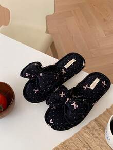 XIXITIAO 1 par de cómodas pantuflas de lino con lazo y lunares, pantuflas planas casuales para parejas, transpirables para todo el año, zapatos de piso de lino adecuados para el hogar, pantuflas planas clásicas de color block para mujer, baño - Lazo negro con lunares pequeños - Ver 5