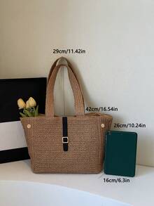 Fashionable Women's Large Capacity Magnetic Closure Straw Woven Shoulder Tote Bag, Portable For Holiday Travel, Suitable For Festival Party Gifts And Gatherings - Brown - View 5