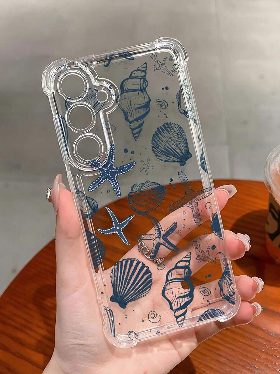 1 件海洋元素贝壳海星图案透明全覆盖防滑防摔软手机壳适用于三星