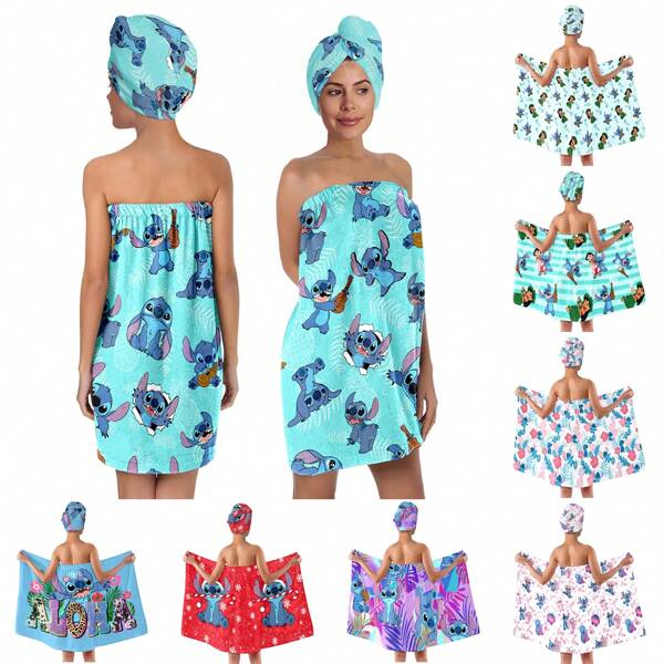 Disney 2pcs Disney Angel Bath Towel Wrap With Hair Towel Wrap For Women Gifts, Stitch Women's Towel Skirt & Hair Drying Towel Set, Bath Towel Set With Dry Hair Cap, Bath Skirt Set Towel Wrap Women, Soft, Absorbent, Suitable For Spa, Shower, Bath, Gym, Pool