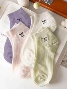 7双蝴蝶结装饰女士透气休闲短袜，舒适时尚，适合春夏季 - 彩色 - 查看 2