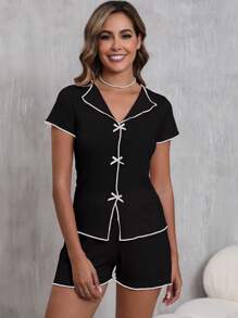 Conjunto de pijama de 2 piezas con blusa de manga corta y shorts para mujer, elegante ropa de casa a rayas con lazo y cuello en V, ligera y cómoda, apropiada para verano y primavera, ideal para vacaciones