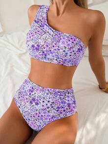 Women's Floral Print Ruffled Two Pieces Bikini Set With One Shoulder Strap, Sexy Bandeau Swimsuit For Spring/Summer - Purple - View 5
