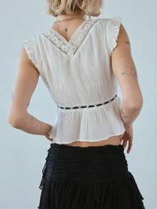 Women Summer Boho Tie Front Lace Trim Tank Tops Y2k Flowy Frilly Chiffon Vest Beach Button Ruffle Eyelet Tank Tops Light - White - View 2