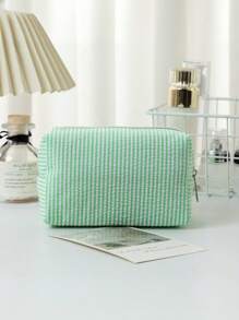 1 pieza de bolsa de maquillaje de seersucker, una bolsa de tocador de gran capacidad para llevar en la mano, bolsa de almacenamiento de cosméticos de viaje con bordado a rayas, esencial de viaje para vacaciones, verano, vuelta al colegio, bolsa escolar, bolsa de viaje para mujeres, bolsa de maquillaje para viajes