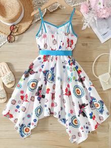 Tween Girl Irregular Hem Camisole Tie Waist Colorblock & Floral Print Dress