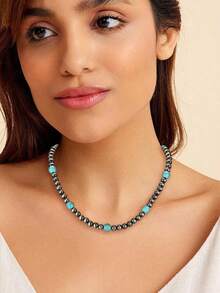 5PCS Western Necklaces For Women Layered Pearl Bow Necklace Turquoise Cow Lightning Horseshoe Pendant Necklace Cowgirl Boho Jewelry Set - 彩色 - 查看 4