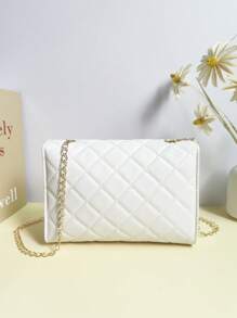1pc Elegant White Diamond Grid Shoulder Bag, Minimalist White Diamond Pattern Design With Shiny Metal Lock And Chain, Chic & Romantic French Style, Soft Texture Diamond Grid White Handbag, Exudes Spring Fashion Vibe, Lightweight Crossbody Bag