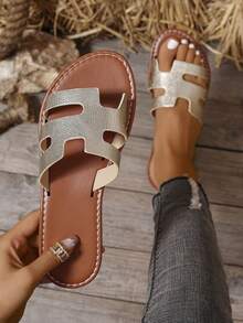 女款时尚休闲平织罗马凉鞋，适合夏季户外、沙滩、休闲装、春、秋 - 玫瑰金 - 查看 5