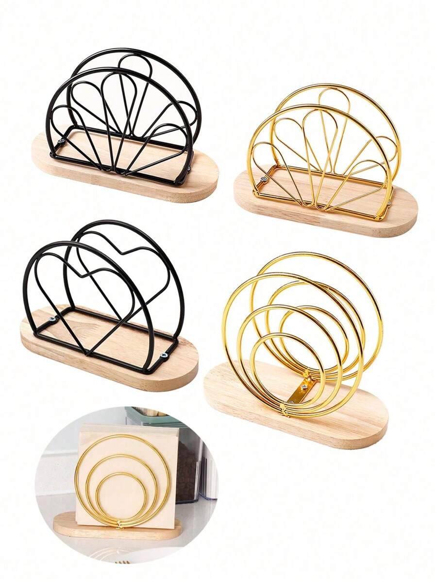 1 pieza Soporte para servilletas de estilo nórdico con base de madera y estructura de hierro, dispensador de pañuelos de papel vertical de metal, accesorio de decoración de mesa, para el hogar, restaurante, hotel y cafetería, útiles escolares